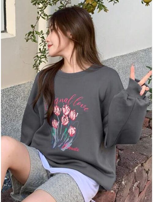 DAZY Floral Letter Graphic Drop Shoulder Oversized Pullover