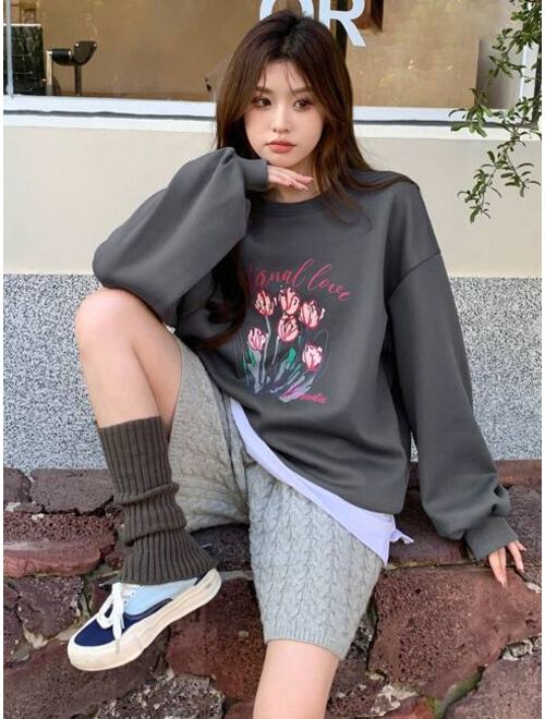 DAZY Floral Letter Graphic Drop Shoulder Oversized Pullover