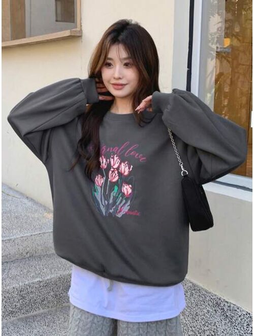 DAZY Floral Letter Graphic Drop Shoulder Oversized Pullover