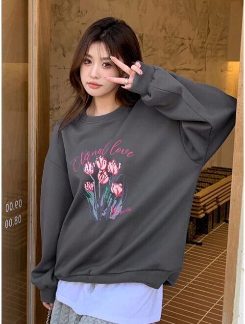 DAZY Floral Letter Graphic Drop Shoulder Oversized Pullover