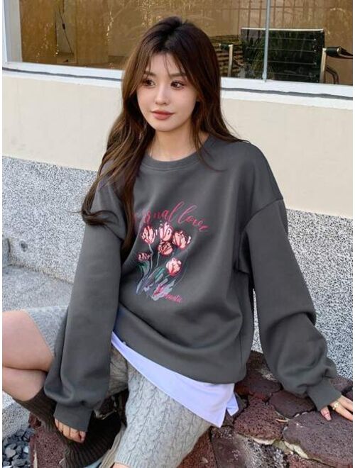 DAZY Floral Letter Graphic Drop Shoulder Oversized Pullover