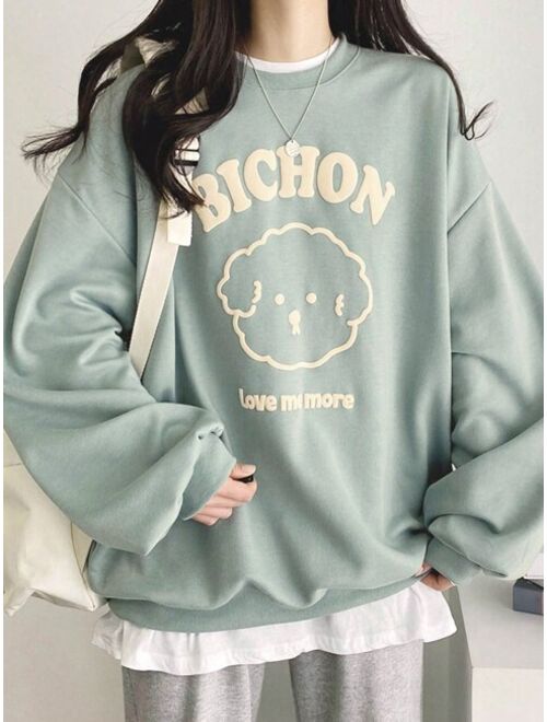 DAZY Letter Cartoon Graphic Drop Shoulder Oversized Pullover