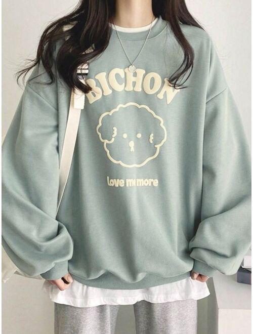 DAZY Letter Cartoon Graphic Drop Shoulder Oversized Pullover