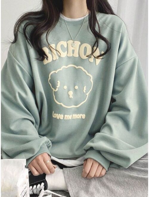 DAZY Letter Cartoon Graphic Drop Shoulder Oversized Pullover