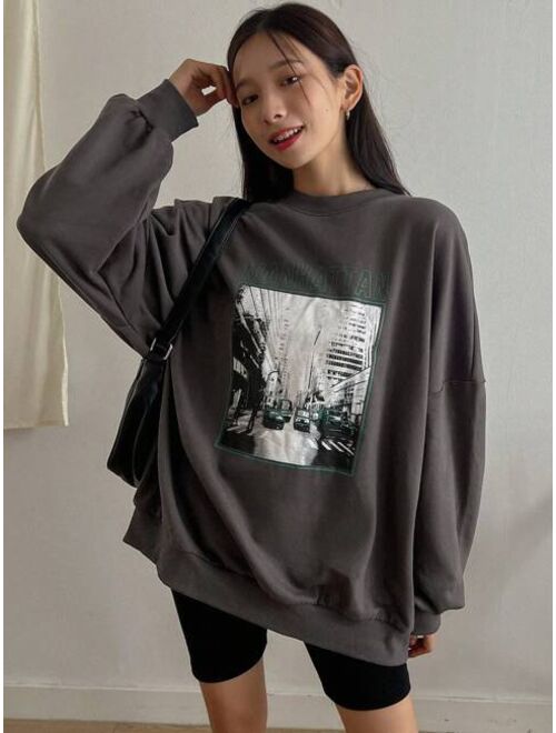 DAZY Building Letter Graphic Drop Shoulder Sweatshirt