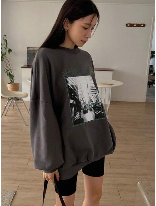 DAZY Building Letter Graphic Drop Shoulder Sweatshirt