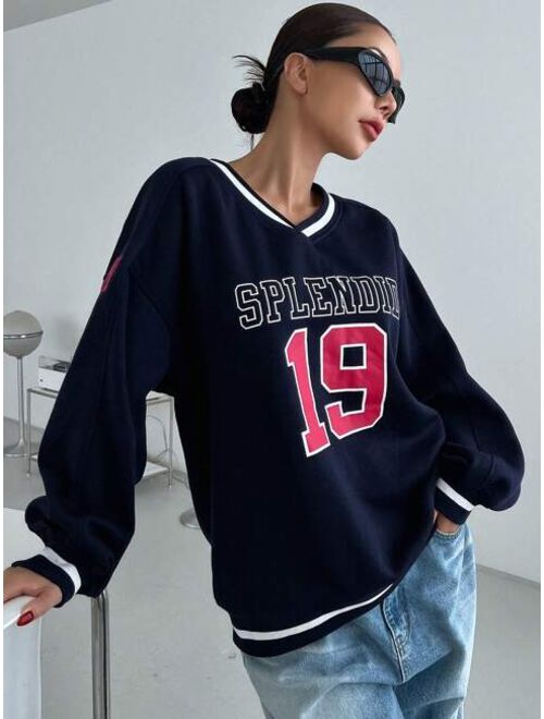 DAZY Letter Graphic Striped Trim Drop Shoulder Sweatshirt