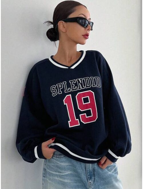 DAZY Letter Graphic Striped Trim Drop Shoulder Sweatshirt