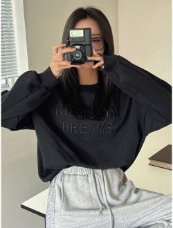 Slogan Embroidery Drop Shoulder Oversized Pullover