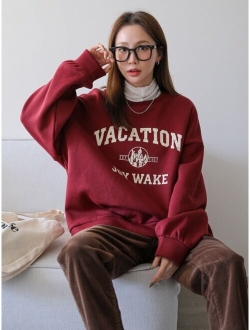 Letter Graphic Drop Shoulder Thermal Pullover Without Tee