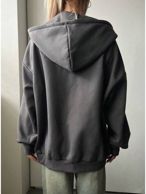 DAZY Solid Drop Shoulder Zip Up Drawstring Hoodie