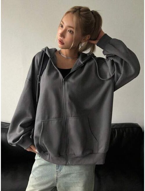 DAZY Solid Drop Shoulder Zip Up Drawstring Hoodie