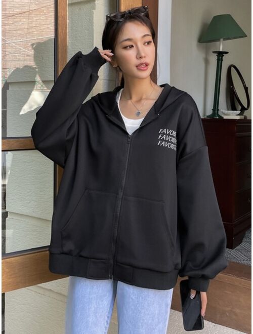 DAZY Letter Graphic Drop Shoulder Zip Up Hoodie