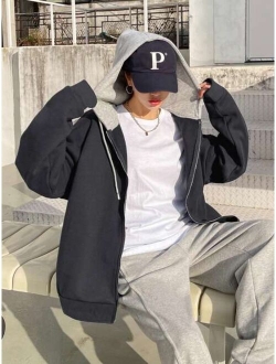 Drop Shoulder Drawstring Zipper Hooded Thermal Lined Sweatshirt