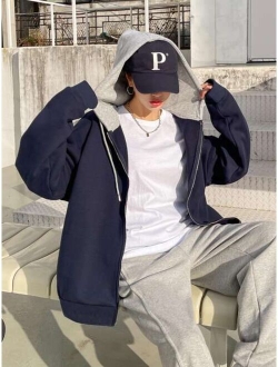 Drop Shoulder Drawstring Zipper Hooded Thermal Lined Sweatshirt