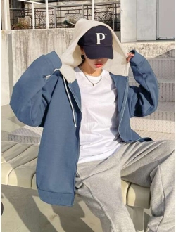 Drop Shoulder Drawstring Zipper Hooded Thermal Lined Sweatshirt