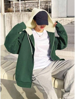 Drop Shoulder Drawstring Zipper Hooded Thermal Lined Sweatshirt