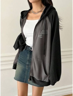 Contrast Sleeve Zip Up Drawstring Hooded 2 In 1 Sweatshirt