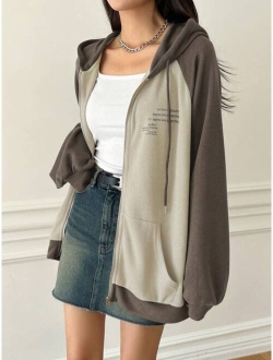 Contrast Sleeve Zip Up Drawstring Hooded 2 In 1 Sweatshirt