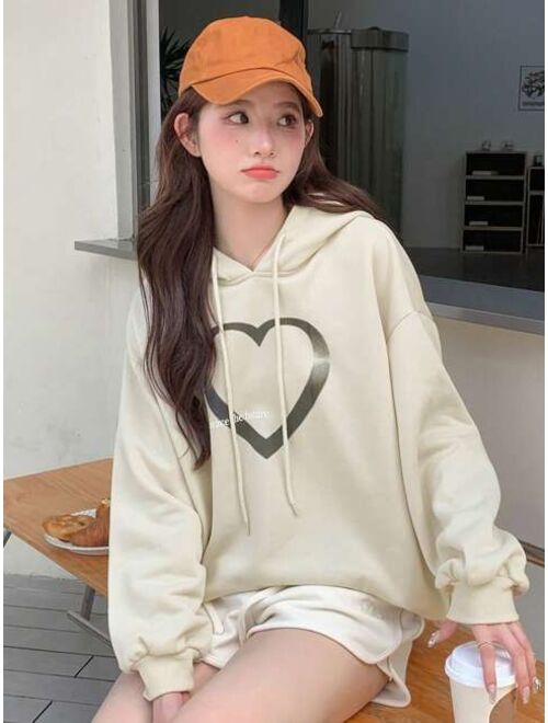 DAZY Heart Print Drop Shoulder Drawstring Hoodie