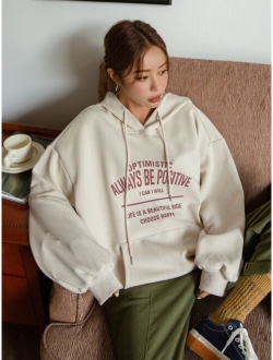 Slogan Graphic Kangaroo Pocket Drop Shoulder Drawstring Hoodie