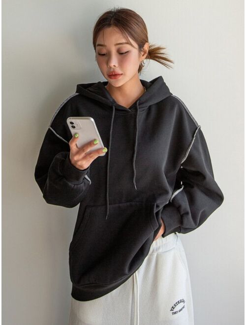 DAZY Drop Shoulder Zip Up Drawstring Thermal Hoodie