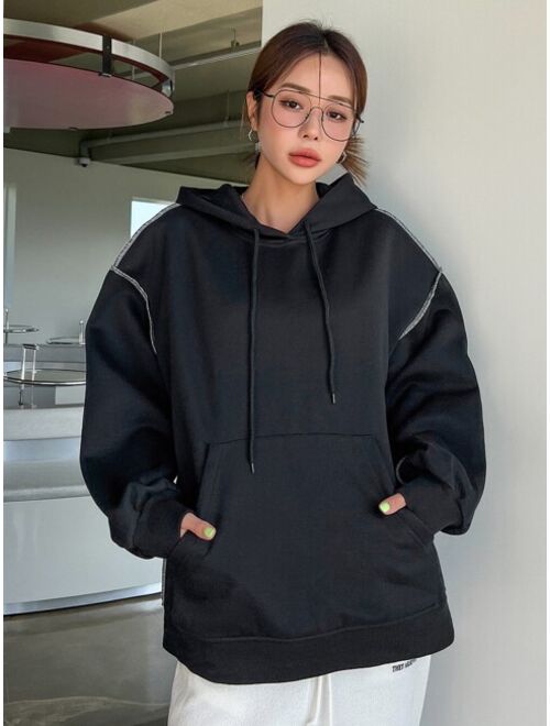 DAZY Drop Shoulder Zip Up Drawstring Thermal Hoodie