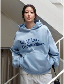 Less Slogan Graphic Kangaroo Pocket Drop Shoulder Thermal Hoodie