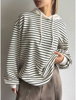 Striped Print Drop Shoulder Drawstring Hoodie