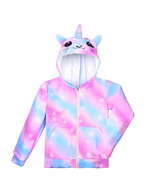 Nidoul Kid Girls Zip Up Hoodie Jacket Unicorn Rainbow Sweatshirt with Pockets