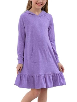 GORLYA Girls Raglan Long Sleeve Ruffle Hem Casual Sweatshirt Hooded Shift Dress for 4-14T Kids