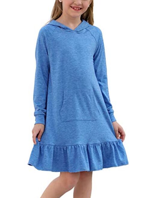 GORLYA Girls Raglan Long Sleeve Ruffle Hem Casual Sweatshirt Hooded Shift Dress for 4-14T Kids