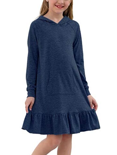 GORLYA Girls Raglan Long Sleeve Ruffle Hem Casual Sweatshirt Hooded Shift Dress for 4-14T Kids