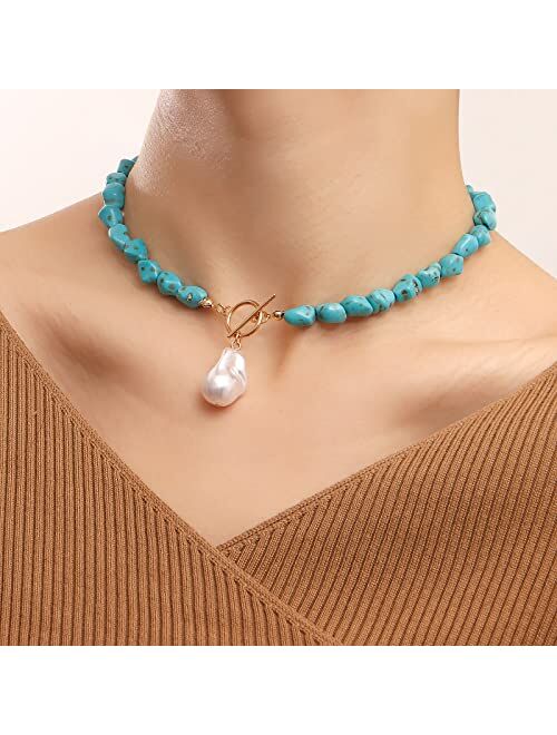 Generic Hwgen&DoweLy H.D.L Natural Turquoise Necklace for Women Girls, Natural Baroque Pearl Pendant, Fashion OT Buckle, Retro Ethnic Style Green Choker