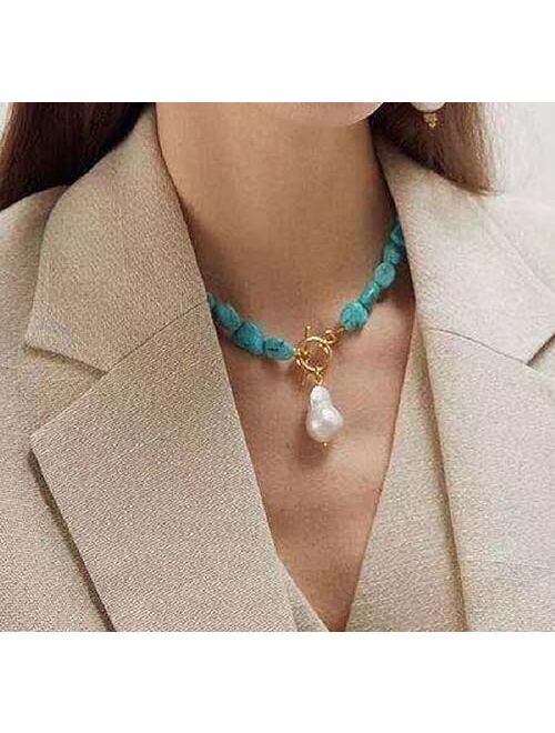 Generic Hwgen&DoweLy H.D.L Natural Turquoise Necklace for Women Girls, Natural Baroque Pearl Pendant, Fashion OT Buckle, Retro Ethnic Style Green Choker