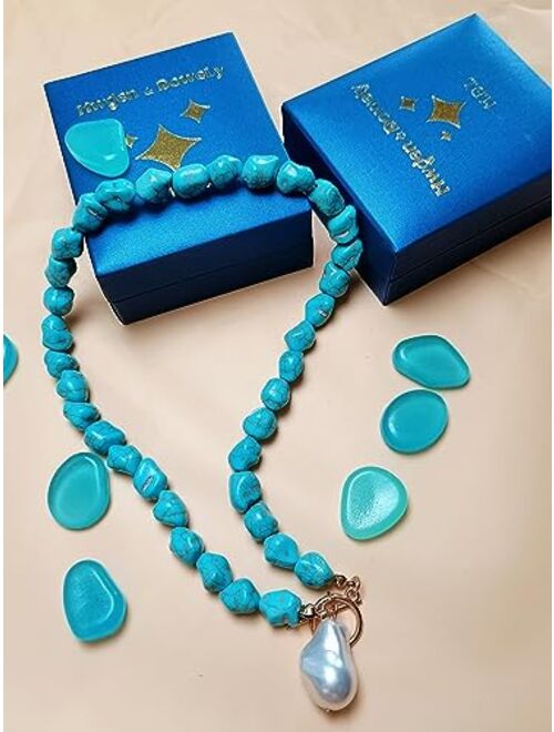 Generic Hwgen&DoweLy H.D.L Natural Turquoise Necklace for Women Girls, Natural Baroque Pearl Pendant, Fashion OT Buckle, Retro Ethnic Style Green Choker