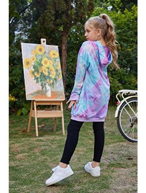 Greatchy Girls Hoodies Dress Tie Dye Printed Casual Long Sleeve Pocket Sweatshirt Jumper Pullover Hooded