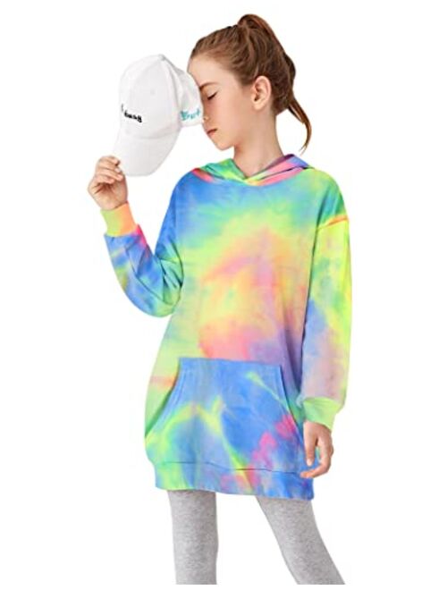 Greatchy Girls Hoodies Dress Tie Dye Printed Casual Long Sleeve Pocket Sweatshirt Jumper Pullover Hooded