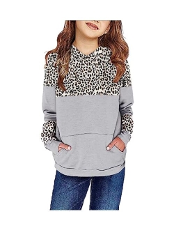 Haloumoning Kids Girls Fleece Pullover Hoodies Cute Leopard Printed Hooded Sweatshirts with Pockets 4-15 Years