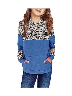 Haloumoning Kids Girls Fleece Pullover Hoodies Cute Leopard Printed Hooded Sweatshirts with Pockets 4-15 Years