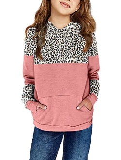 Haloumoning Kids Girls Fleece Pullover Hoodies Cute Leopard Printed Hooded Sweatshirts with Pockets 4-15 Years