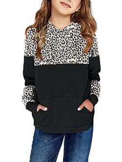 Haloumoning Kids Girls Fleece Pullover Hoodies Cute Leopard Printed Hooded Sweatshirts with Pockets 4-15 Years