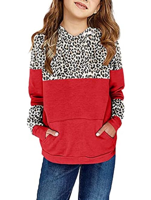 Haloumoning Kids Girls Fleece Pullover Hoodies Cute Leopard Printed Hooded Sweatshirts with Pockets 4-15 Years