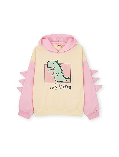 IZYJOY Little Girls Cute Dinosaur Pullover Hoodie Sweatshirt Splice Hooded Kids Fall Winter Cartoon Casual Long Sleeve Tops