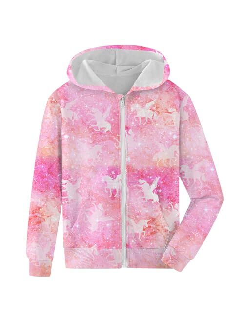 Fanient Girls Zip Up Hoodies Unisex Kids 3D Cool Casual Hooded Sweatshirts Hoody with Pockets 6-14 Years