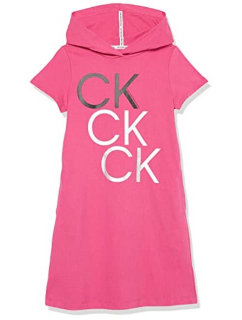 Calvin Klein Girls' One Size Performance Logo Sweatshirt Dress, Fleece Hoodie with Long Or Short Sleeves