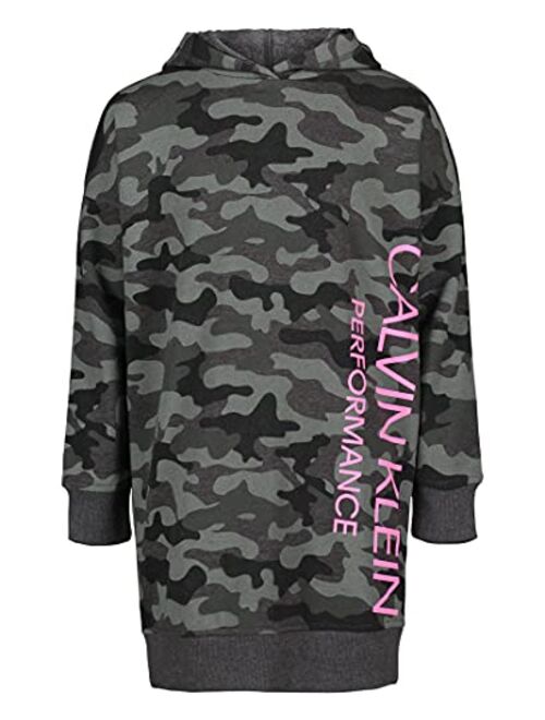 Calvin Klein Girls' One Size Performance Logo Sweatshirt Dress, Fleece Hoodie with Long Or Short Sleeves