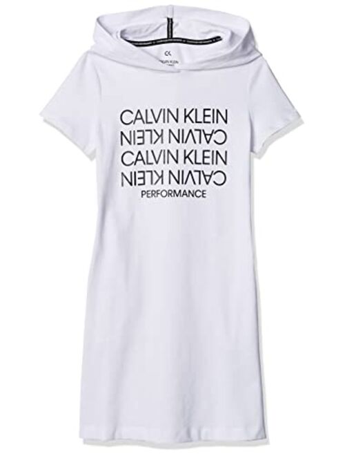 Calvin Klein Girls' One Size Performance Logo Sweatshirt Dress, Fleece Hoodie with Long Or Short Sleeves