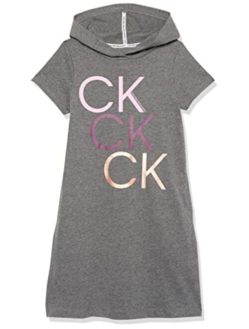 Calvin Klein Girls' One Size Performance Logo Sweatshirt Dress, Fleece Hoodie with Long Or Short Sleeves