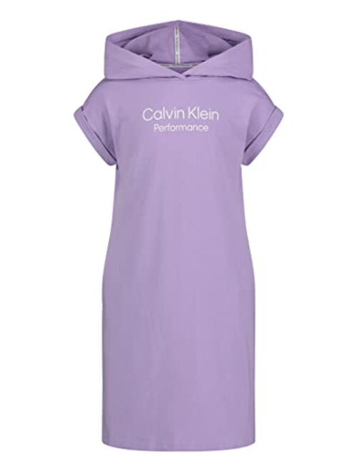 Calvin Klein Girls' One Size Performance Logo Sweatshirt Dress, Fleece Hoodie with Long Or Short Sleeves